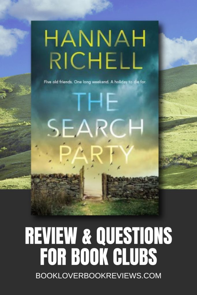 Review and Book Club Questions text below The Search Party Book Cover featuring open gate in stone wall, against green hilly farmland background